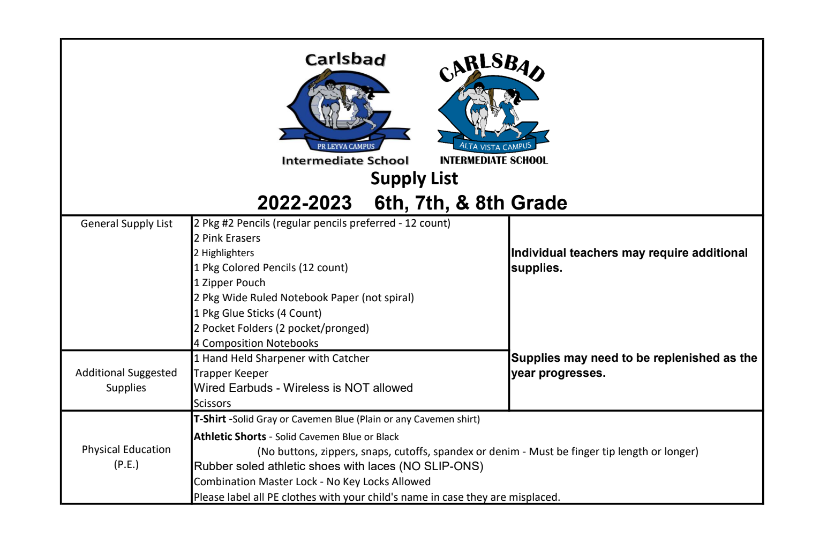 2022-2023  6th, 7th, & 8th Grade School Supply List.
