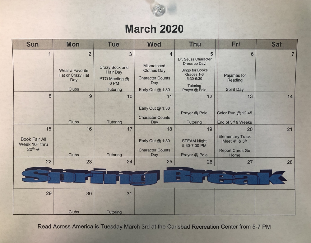 March Calendar of Events Desert Willow Elementary School