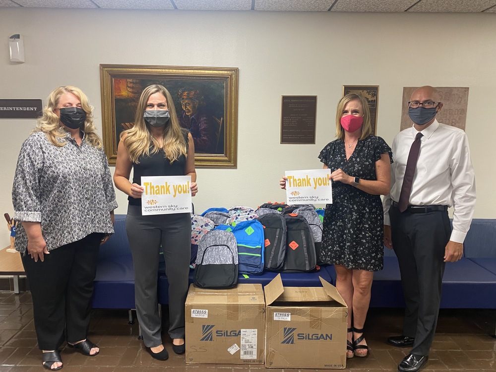 Thank you Western Sky Community Care for the donation of 250 backpacks stuffed with school supplies.