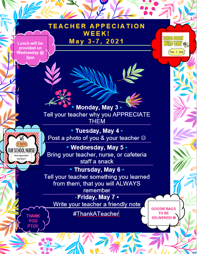 Teacher & Nurse Appreciation Week! School Lunch Hero Day!