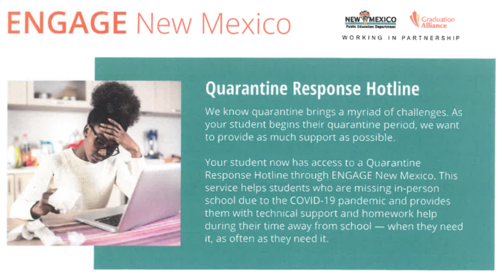 Engage New Mexico Quarantine Response Hotline in English and Spanish.