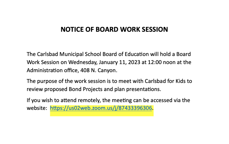 Notice of Board Work Session