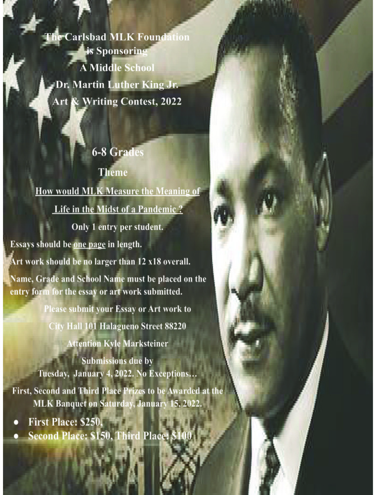 The Carlsbad MLK Foundation is Sponsoring A Middle School Dr. Martin Luther King Jr. Art & Writing Contest, 2022.