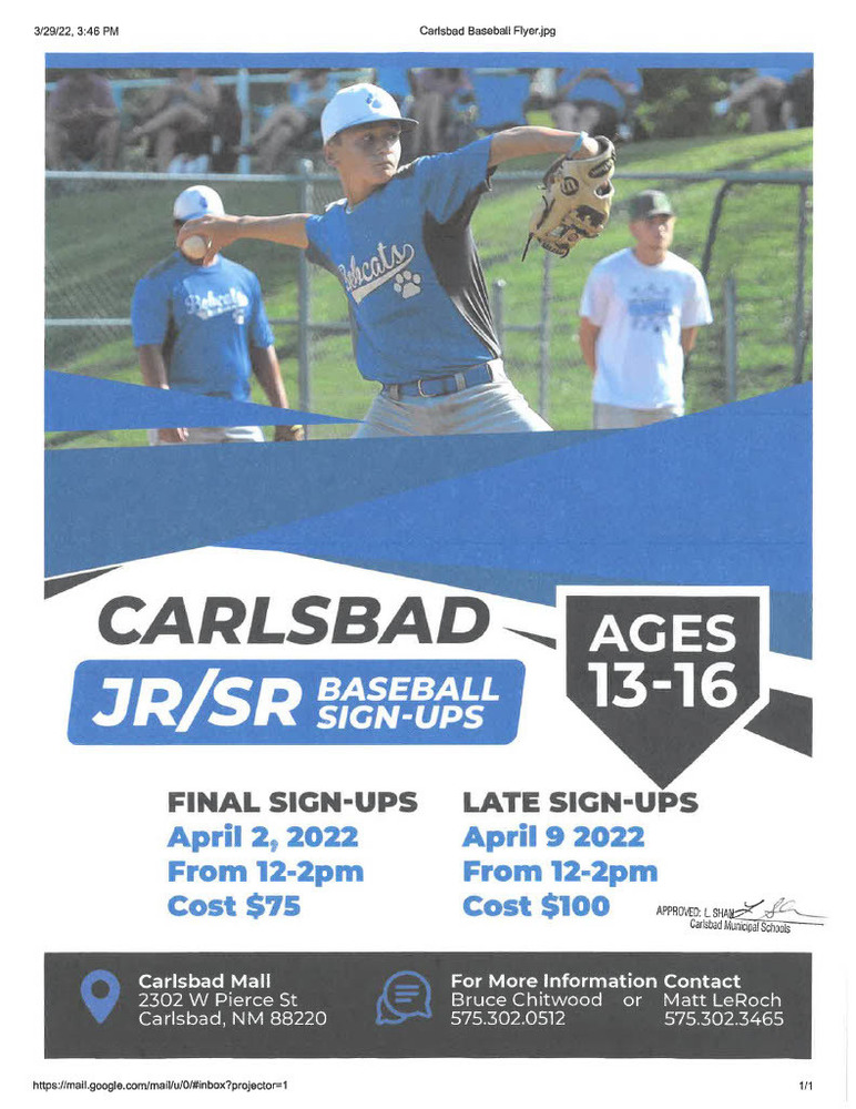 Carlsbad Jr/Sr Baseball  Sign-ups Flyer