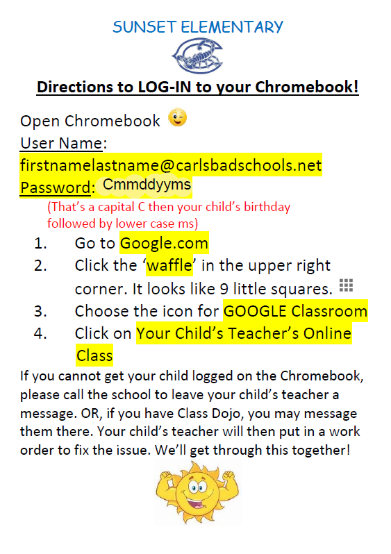 Directions on Chromebook/Google Classroom Log In