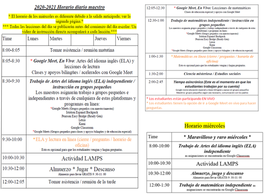 Calendario Detallado de Primaria 2020 (Spanish Daily Schedule)
