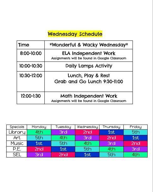 2020-2021 New Elementary Schedule | Cottonwood Elementary School